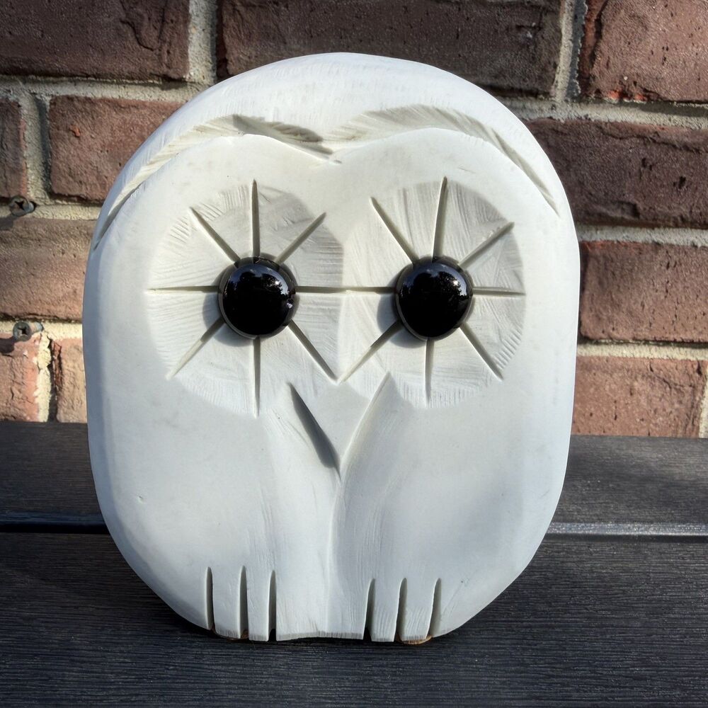 White Alabaster Stone Owl Figurine Black Glass Eyes 6” Carved Decor Vintage MCM